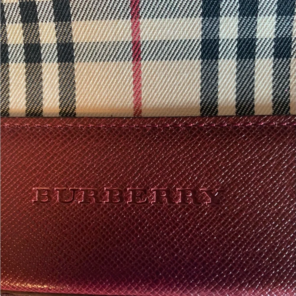 Burberry Beige Check Tote with Burgundy Trim